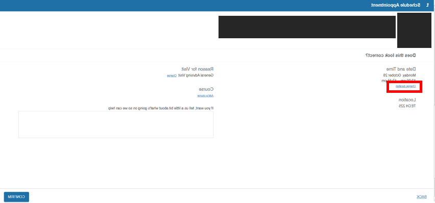 screenshot of Starfish Schedule Appointment page with Change Duration linked text circled in red, page includes Date and Time, Location, Reason for Visit, Course, and Text Area box, and Confirm button