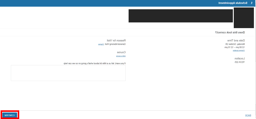 screenshot of Starfish Schedule Appointment page with Confirm button circled in red, page includes Date and Time, Location, Reason for Visit, Course, and Text Area box, and Confirm button
